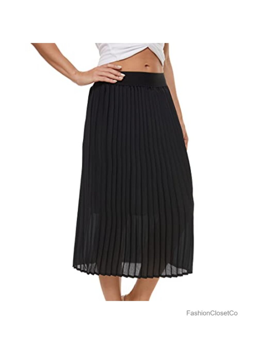 Pleated Midi Skirt High Waist Chiffon A-Line Flowy Summer Boho Casual - Picture 3 of 6